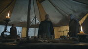 Stannis inside his command tent with Davos and Melisandre, en route to Winterfell.