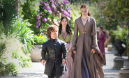 Sansa at the end of Season 3, wearing mauve colors closer to what her mother wore. Notice the dragonfly-themed clasps on the front of her dress.