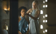A prototype of this experimental variant actually first briefly appeared in Season 4's "The Mountain and the Viper", when Daenerys is helping Missandei braid her hair. Missandei also wears it because she copies Daenerys.