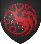 The banner of the Blacks, quartered with the sigils of Houses Arryn and Velaryon.