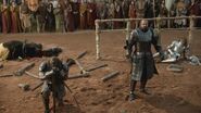 Gregor Clegane is ordered to stand down after attacking Loras during the tourney in "The Wolf and the Lion."