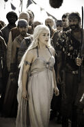 Daenerys in her wedding dress. Notice the ring on her right index finger, meant to be her mother Queen Rhaella's ring.