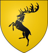 House Baratheon/Durrandon: gold, a black crowned stag rampant