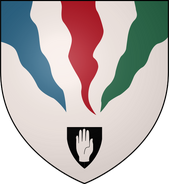 House Strong: white, three rivers (blue-red-green) flowing from a black escutcheon displaying a white hand