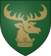 Personal arms of Renly Baratheon: green, a gold crowned stag's head contourny