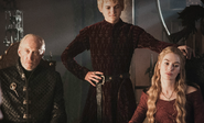 Even in relatively private moments at the Small Council, Joffrey wears rich fabrics, such as this outfit with a dagger-shaped gold printing pattern.