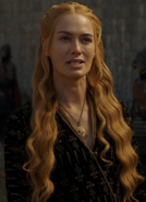 Cersei's black mourning wear has a repeating dagger-print pattern, visually signalling that she's out for vengeance.