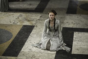 Promotional image of Sansa in the Great Hall of the Red Keep in "Garden of Bones".