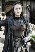 Yara Greyjoy wears the clothing style of ironborn men, customized slightly to fit a woman's physique.