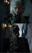 In Season 7, Daenerys visually embraces her Targaryen heritage by dressing in a variant of the style her brother Viserys was seen wearing in Season 1; particularly the short cape asymmetrically pinned to one shoulder, like he had at her wedding. Peaked shoulders, separate under-tunic.