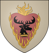 House Baratheon of Dragonstone: cream, a crowned black stag's head contourny within a fiery red heart