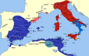 Mittelmeerraum im 3. Jahrhundert v. Chr.  Karthago (Blau) und das Römische Reich (Rot).