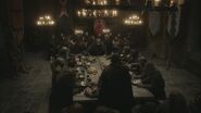 Heraldry of Robb Stark's bannermen when he calls them to war in "The Pointy End". From left to right: House Hornwood, House Bolton, House Umber, House Cerwyn (obscured by the chandelier), and on the far right House Tallhart.