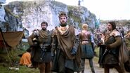 Renly and his Kingsguard: Renly's followers wear more ornate versions of the standard Baratheon style, but retain the same basic helmet design