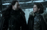 Jon says goodbye to his uncle, Benjen Stark, as he leaves on a ranging in "Lord Snow"