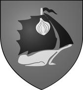 House Seaworth: pale grey, a white ship with black sails displaying an onion proper