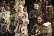 By the tournament in the middle of Season 1, Sansa has a new dress which hybridizes some elements from Cersei's styles. It still has flower-shaped embroidery around the neck, but Sansa widened the neckline, and now has bigger sleeves. Also notice the dragonfly-shaped necklace, and very large dragonfly-shaped ring on her right hand.