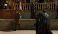 Oberyn wears light leather armor in his duel against Gregor Clegane, relying on speed and agility to outmaneuver his opponent.