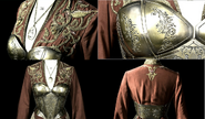 Behind the scenes closeup of Cersei's armor from "Blackwater". Note the intricate filigree, as well as the engraved Lannister lions on the back metal plate.