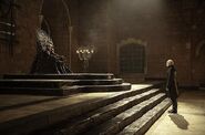 Tywin arrives at the Iron Throne to speak with King Joffrey