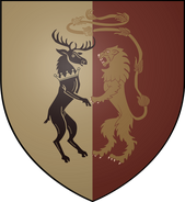 House Baratheon of King's Landing: per pale gold and red, a black crowned stag and a gold lion combatant