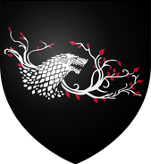 Personal arms of Sansa Stark: black, a white red-eyed direwolf's head contourny in weirwood branches proper