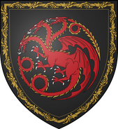 Personal arms of Daemon Targaryen: black, a red three-headed dragon with gold scales, a tressure of gold flames
