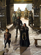 House Arryn guards and Ser Vardis Egen look on as Tyrion Lannister is presented at the Eyrie. Promotional image from "The Wolf and the Lion".