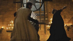 Ser Jaime Lannister kills King Aerys II Targaryen, an act of Oathbreaking and Regicide.