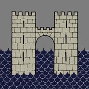 House Frey - the two grey towers and bridge of the Twins, on a grey field, surmounting an escutcheon of blue water