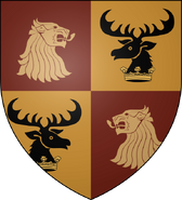 House Baratheon of King's Landing (variant): quarterly red and gold, in the 1st and 4th a gold lion's head, in the 2nd and 3rd a crowned black stag's head; 1st and 3rd devices contourny
