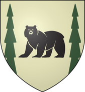 House Mormont (variant): white, a black bear passant between two green pines