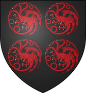 Personal arms of Maekar I Targaryen: black, a red three-headed dragon quartered
