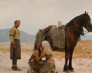 Jorah, Daenerys, and Irri in the Red Waste.