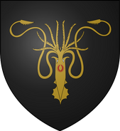 Personal arms of Euron Greyjoy (variant): black, a gold kraken with a red eye