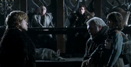 Grey Wind watches on as Tyrion Lannister pays Bran Stark a visit.