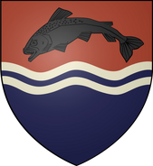 Personal arms of Brynden Tully: per fess mud red and blue, a black trout leaping over a wavy white-blue-white fess
