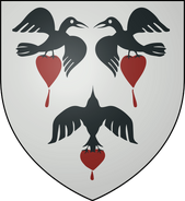 House Corbray: white, three black ravens in flight holding three red bleeding hearts