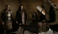 Lord Eddard and Ser Barristan stand before the body of Ser Hugh of the Vale in The Wolf and the Lion.