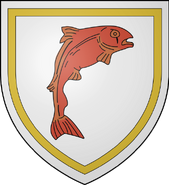 House Mooton: white, a red salmon contourny within a gold tressure
