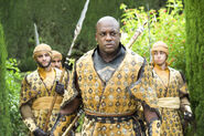 Areo, flanked by other Dornish guards. Dornish soldiers wear light leather armor instead of hot, heavy steel plate. Their uniforms are covered in rows of iron studs decorated with the sunburst sigil of House Martell.