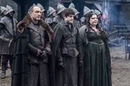 House Bolton in Season 5 (click to expand): Roose, Ramsay, and Walda in the foreground. In the background, observe the good closeup shot of regular Bolton soldiers - who are slightly different from regular Stark soldiers, with more leather and peaked helmets.