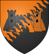 House Harroway: per bend sinister orange and black rayonne, a castle counterchanged