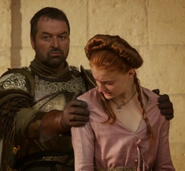 Ser Meryn Trant restrains Sansa in "Fire and Blood."