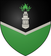 House Hightower (variant): per fess black and green separated by a white inverted chevronel, a white stone watchtower crowned with green flame in chief