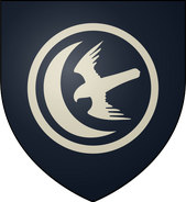 House Arryn: dark blue, a white falcon volant and crescent moon within a white circle