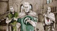 A lord (left) wearing a tunic displaying House Waynwood's heraldry.