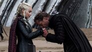 Jorah shows his devotion by kissing the Queen's hands, "Eastwatch".