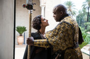 Areo Hotah, Doran's trusted captain of the guards at Sunspear, with Ellaria Sand