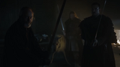 Ghost prepares to defend Jon's body alongside Davos and some of the Black Brothers against Alliser Thorne.